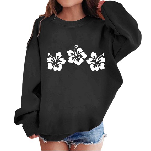 Hihipz Toddler Girls Crewneck Sweatshirt Hawaiian Hibiscus Floral Print Long Sleeve Oversized Cozy Pullover Sweatshirt