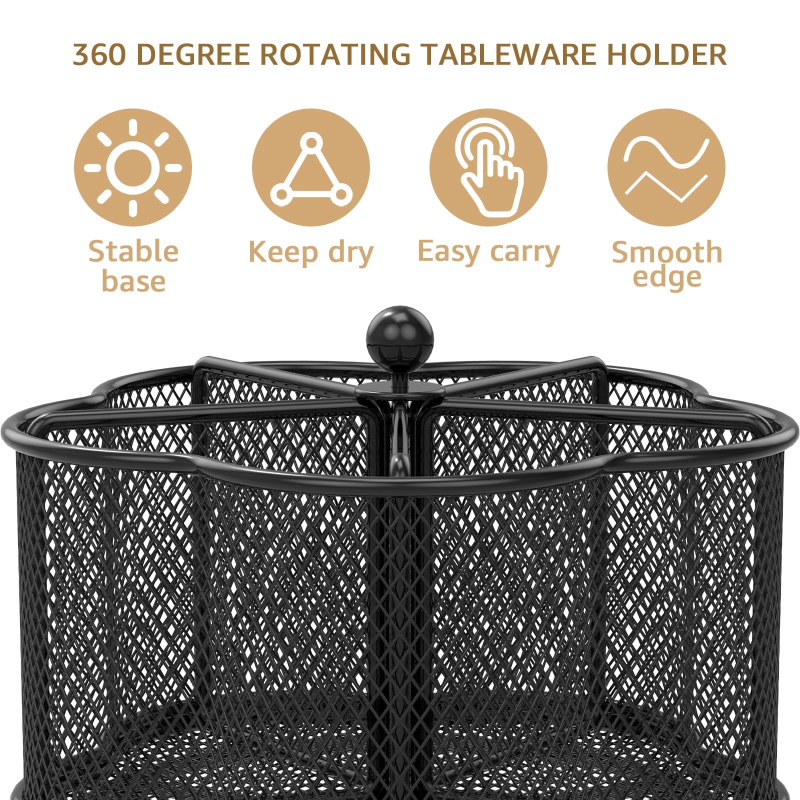 Tzdxfgl 360° Rotating Kitchen Metal Utensil Holder, 5 Compartment Countertop Silverware Organizer, Black