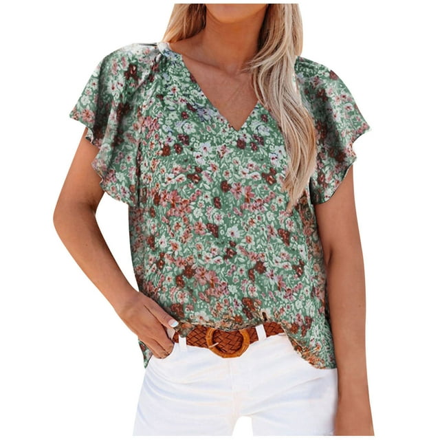 Fiudx Ofertas Del Día Moda Mujer Causal V-Cuello Impresión Blusa Manga Corta Camiseta Verano Tops