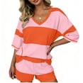 thumbnail image 5 of VBVC Women's Color Block Striped 2 Piece Set, V-Neck Top and Elastic Waist Shorts For Women, Ladies'Summer Loungewear with Pockets,Orange,S-2XL, 5 of 6
