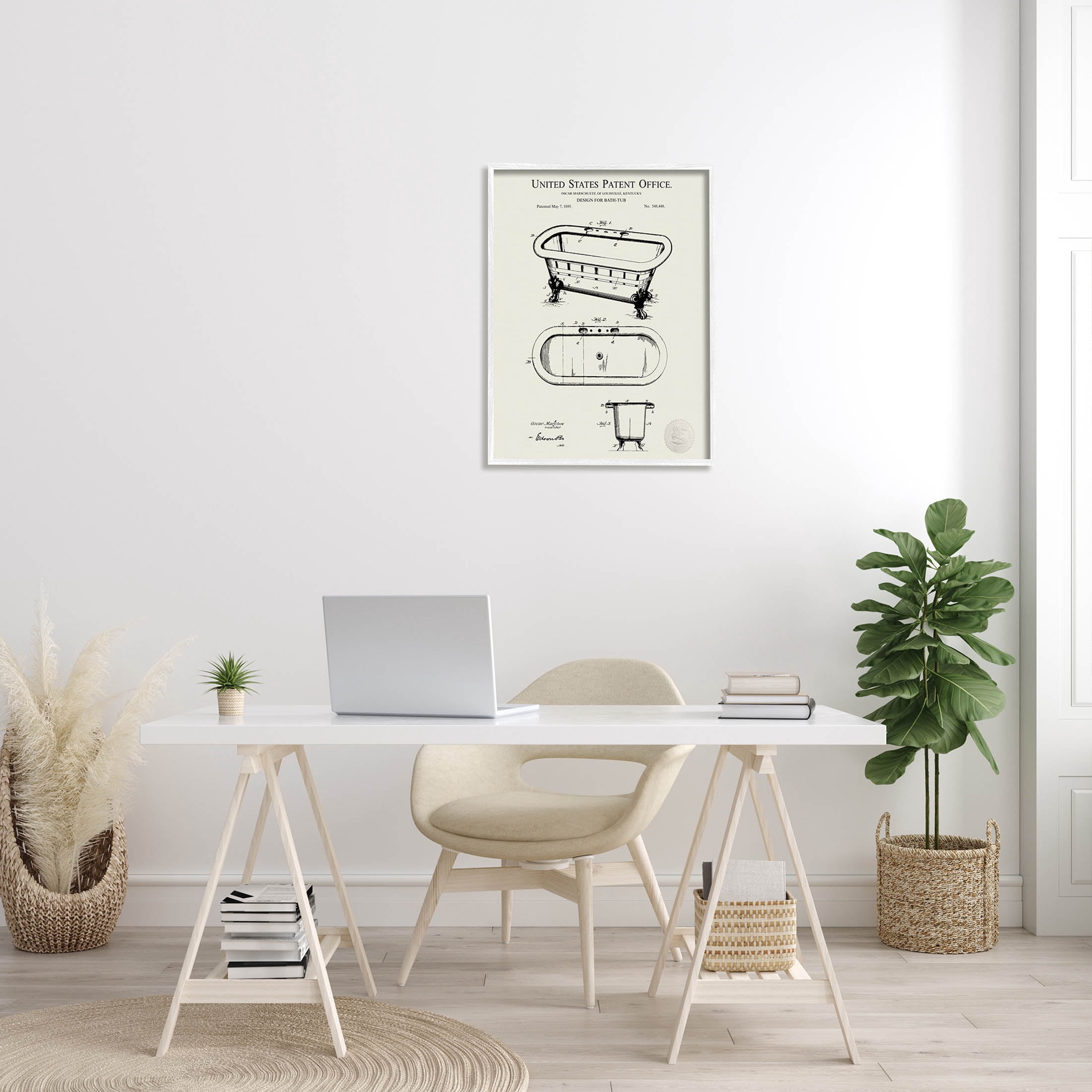 Stupell Industries Vintage Tub Bathroom Diagram Graphic Art White Framed Art Print Wall Art, Design by Karl Hronek