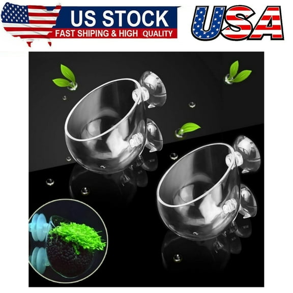 2X Crystal Glass Aquatic Plant Pot, Planter, Red Shrimp Live Plants Fish Tank Holder with 4X Suction Cups for Aquarium Aquascape Decoration