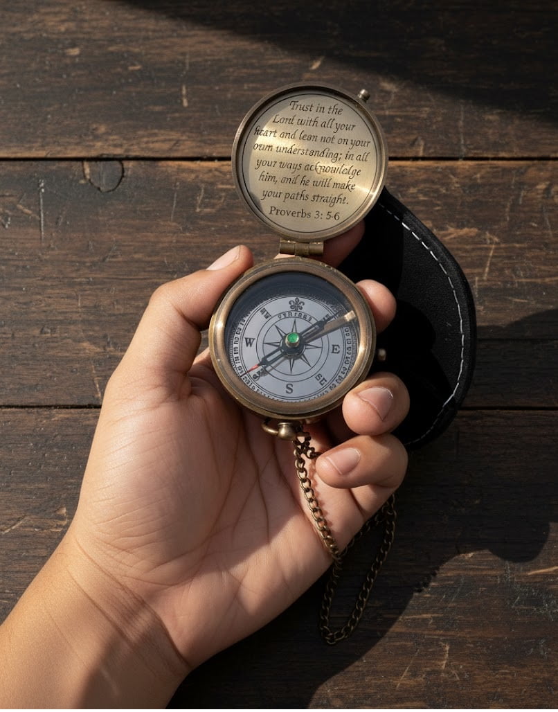 Brass Pocket Compass with Engraved Proverbs 3:5-6 and Leather Case
