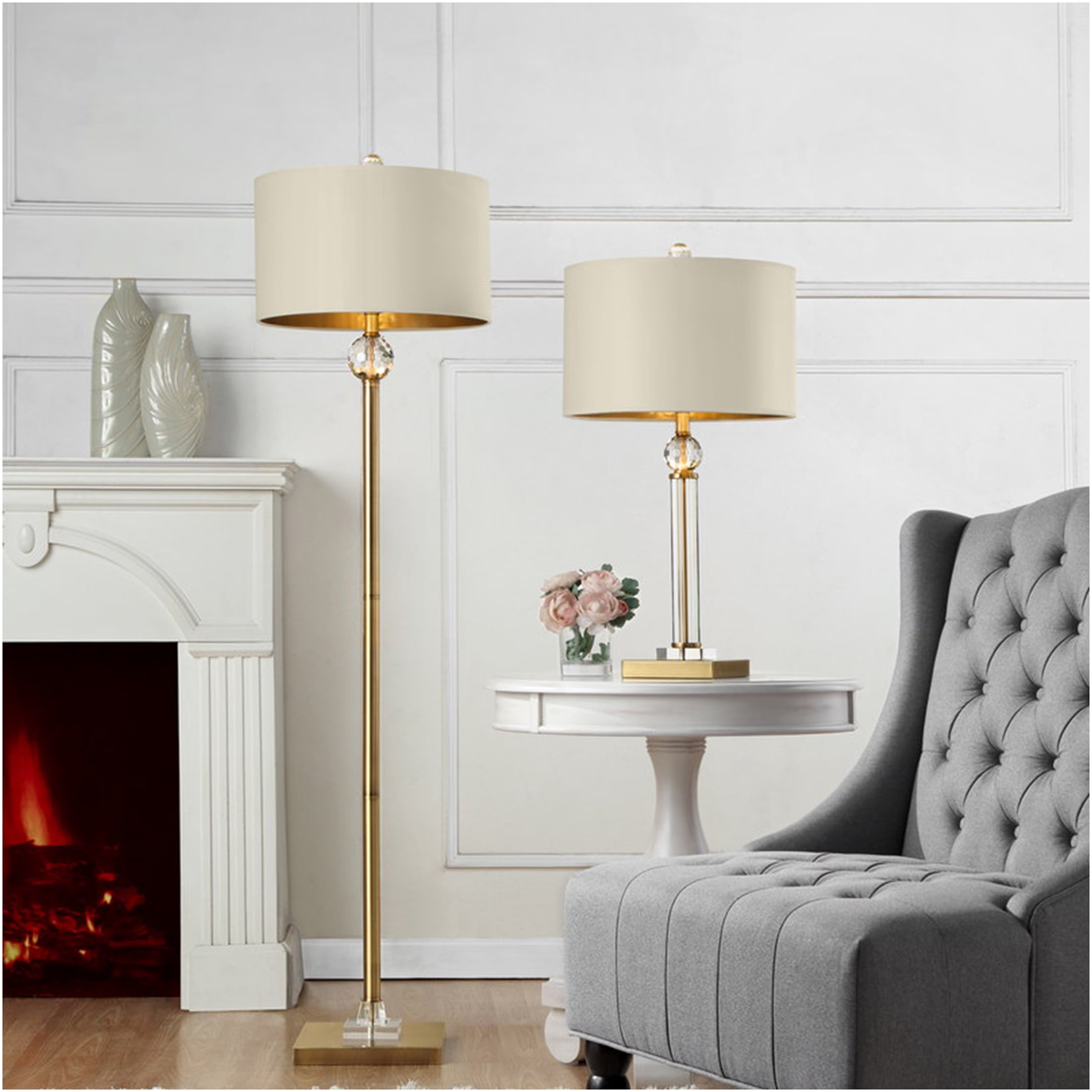 JERFIT Modern Crystal Orb Floor Lamp with Drum Shade, Gold Metal Column, LED Compatible for Living Room Bedroom