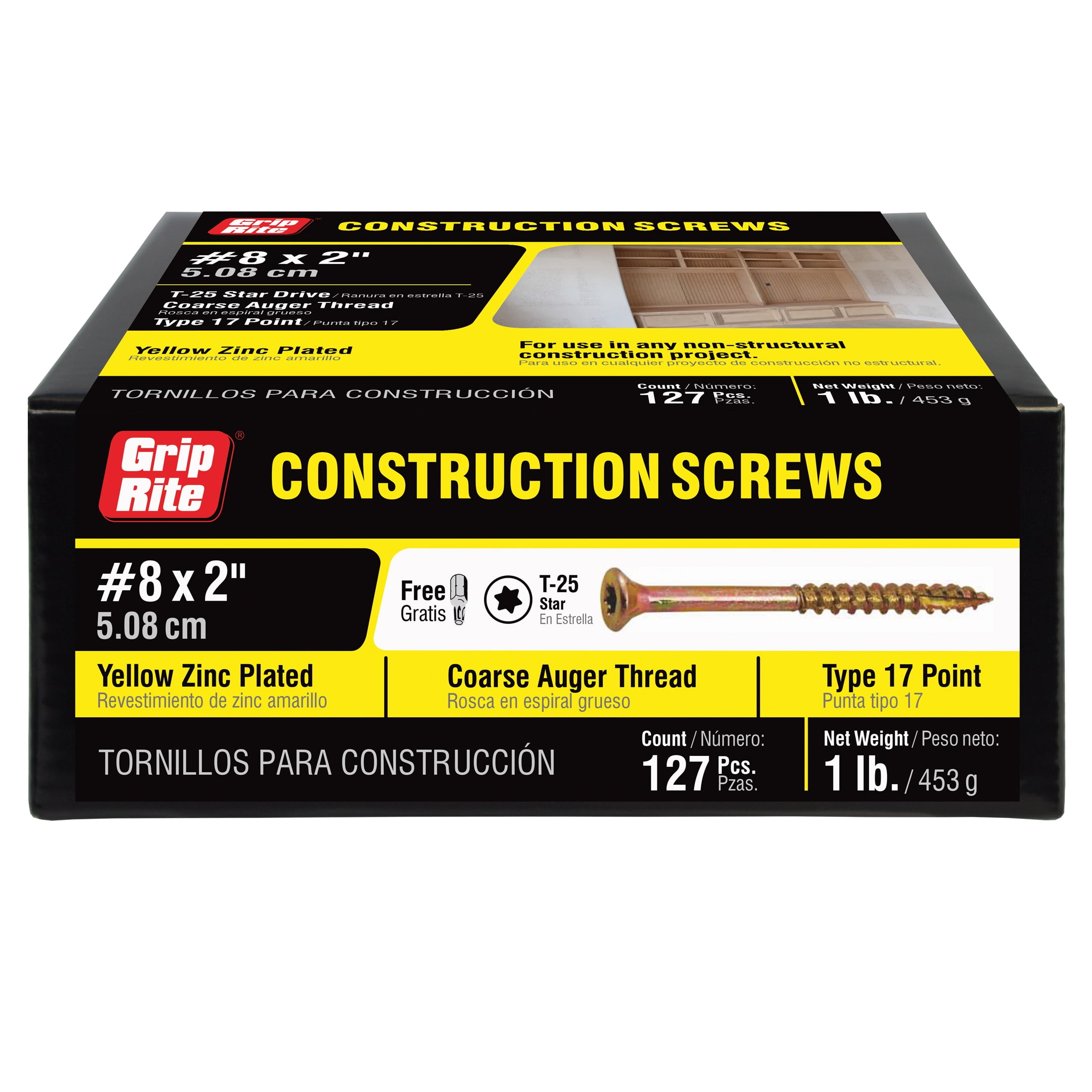 (2 pack) Grip-Rite #8 X 2 in. Star Drive Gold Construction Wood Screw 1lb.