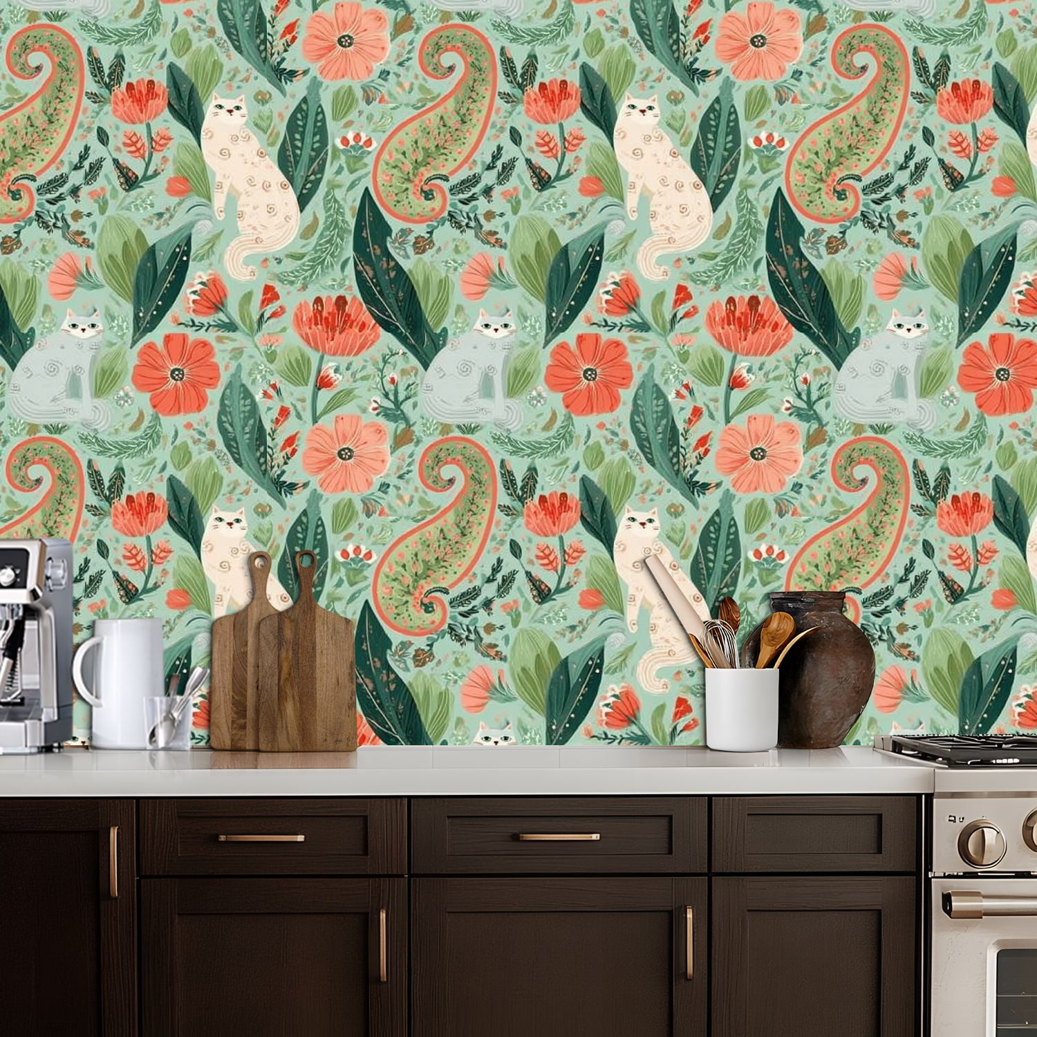 Paisley Peel and Stick Wallpaper 17.7in x 9.8ft Whimsical Cats Floral Botanical Teal Coral Tones Contact Paper Vinyl Waterproof Self Adhesive Wall Paper for Bedroom Shelf Cabinet Renter Friendly