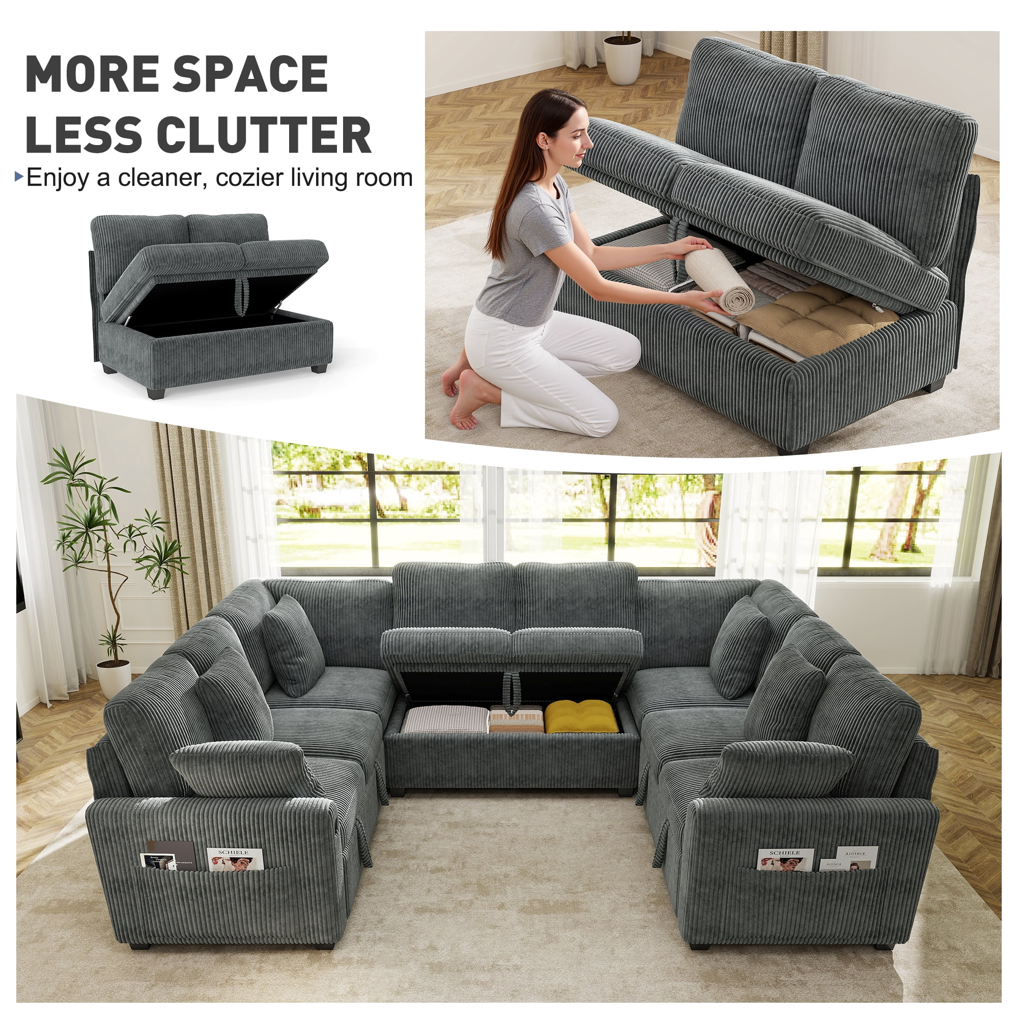 BedLuxury 110" Sectional Sleeper Sofa with Pull Out Bed, Storage Seat & USB Charging, U Shaped Modern Couch for Living Room, Corduroy Gray