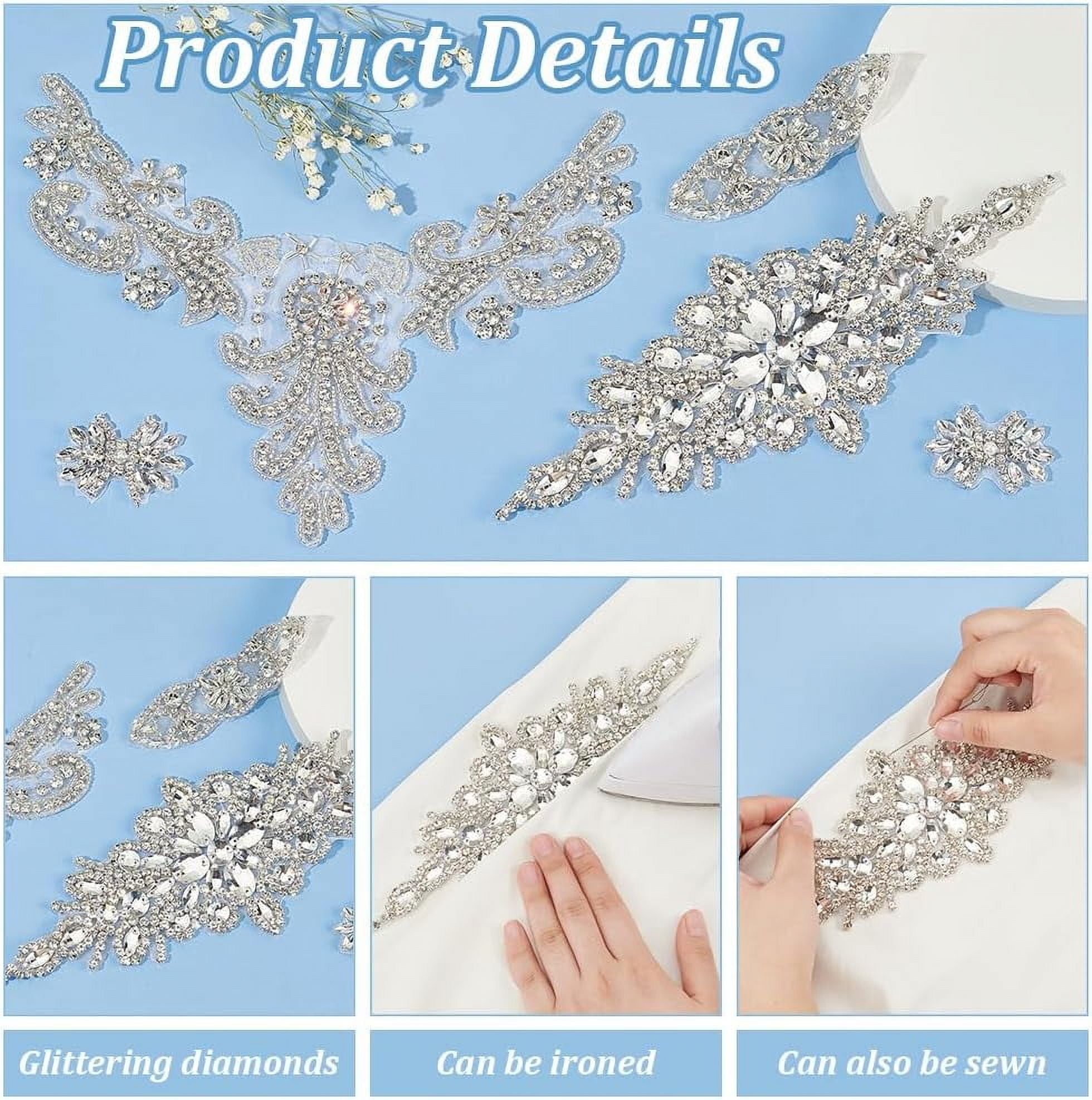 8 PCS 4Style Crystal Rhinestone Applique Wedding Rhinestone Appliques Iron on/Sew on Rhinestone Bridal Patches Silver Bridal Wedding Appliques for Wedding Dress Belt Decoration