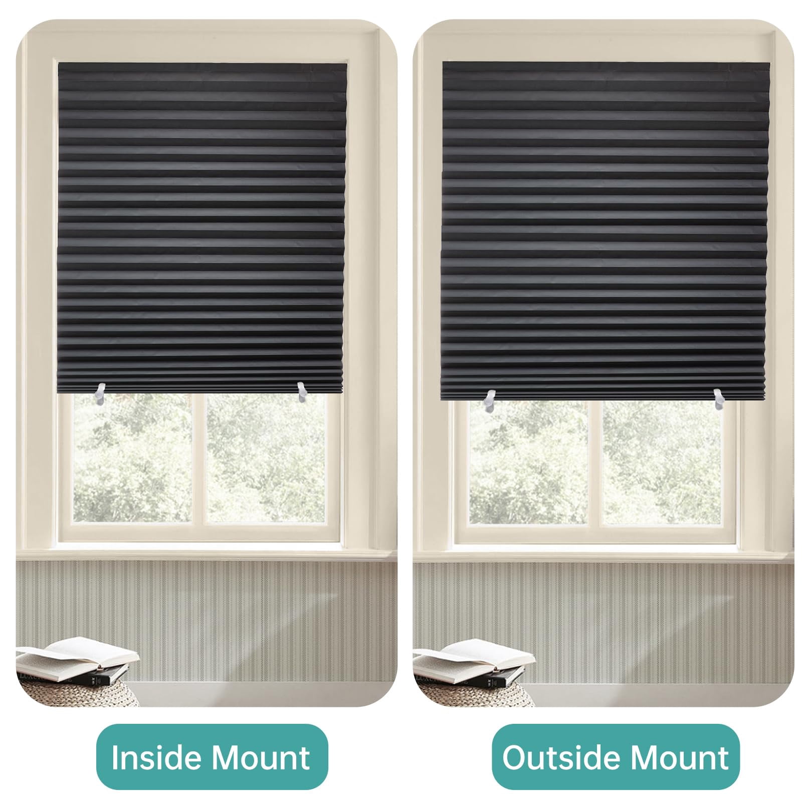 6 Pack Temporary Shades  Pleated Paper Blinds For Indoor Windows Cut To Size Adhesive No Tools Drilling Office Bedroom Living Room 24" W X 72" H Black