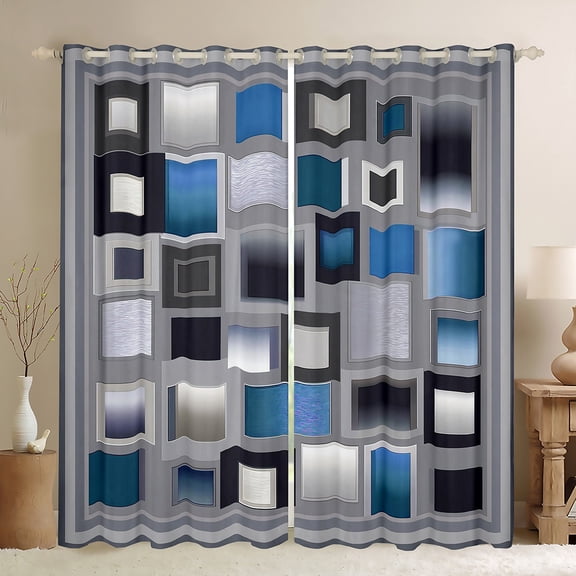 Homewish Patchwork Geometric Checkered Black Out Curtains,Classic Grid Curtains Pack of 2 (42x63 Each),Gray Blue Bedroom Curtains For Men Women,Super Cozy Room Decor