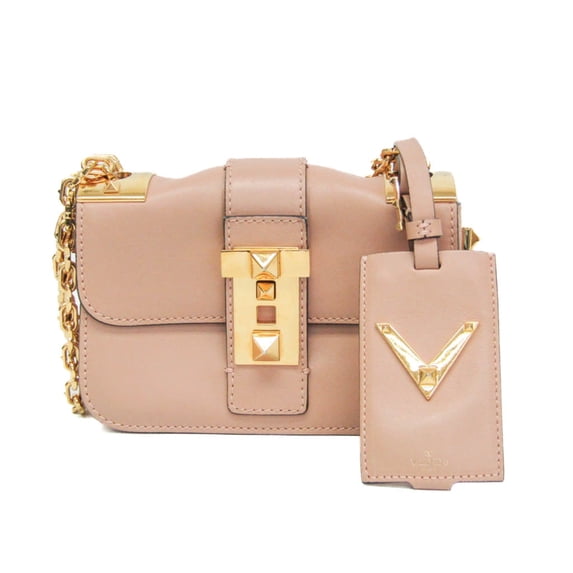Pre-Owned Valentino Garavani Rockstud Chain Women's Leather Shoulder Bag Pink Beige