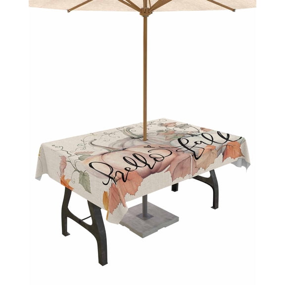 Boanket Outdoor Tablecloth with Umbrella Hole for Patio/Picnic/Party/Camping, Hello Fall Waterproof Table Cloth Rectangle Table Cover Washable, Farmhouse Pumpkins Thanksgiving Botanical (52"x 70")