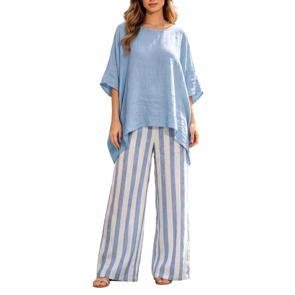 Costeam Womens Vertical Stripe Wide Leg Pant Two Piece Outfit Oversized Asymmetric Hem Short Sleeve Crew Neck Top with Side Pocket Loose Fit Casual Co Ord Set