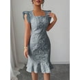 thumbnail image 5 of Elegant Jacquard Commuter Dress, Summer Floral Square Neck Knee-Length Dress for Women, 5 of 10