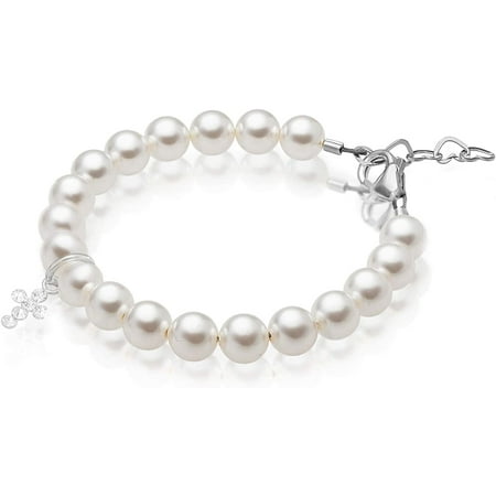 Baby Crystals Baptism Pearl Bracelet for Girls, Sterling Silver Crystal Cross Charm, Baptism Gifts for Girl with European White Simulated Pearls and Crystals, Elegant Girls Jewelry