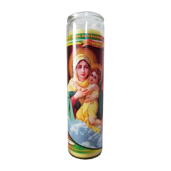 Nuestra Senora de Schoenstatt (Our Lady of Schoenstatt) Lime Colored Perfumed Pillar Devotional Candle