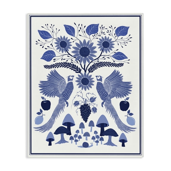 Stupell Industries Woodland Blue Folk Pattern Plants & Flowers Painting Wrapped Canvas Art Print Wall Art, 16 x 20