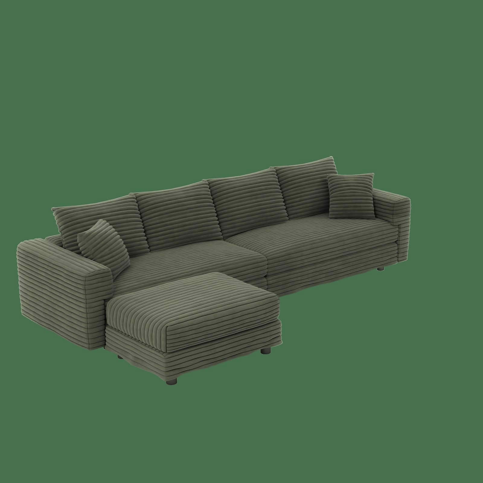 MAYEERTY 102.4" Plush Corduroy 4-Seat Cloud Sofa, Modern Comfy Upholstered Deep Seat Couch with Soft Pillows & Movable Ottoman, Convertible Sofa Lounge Chair for Living Room