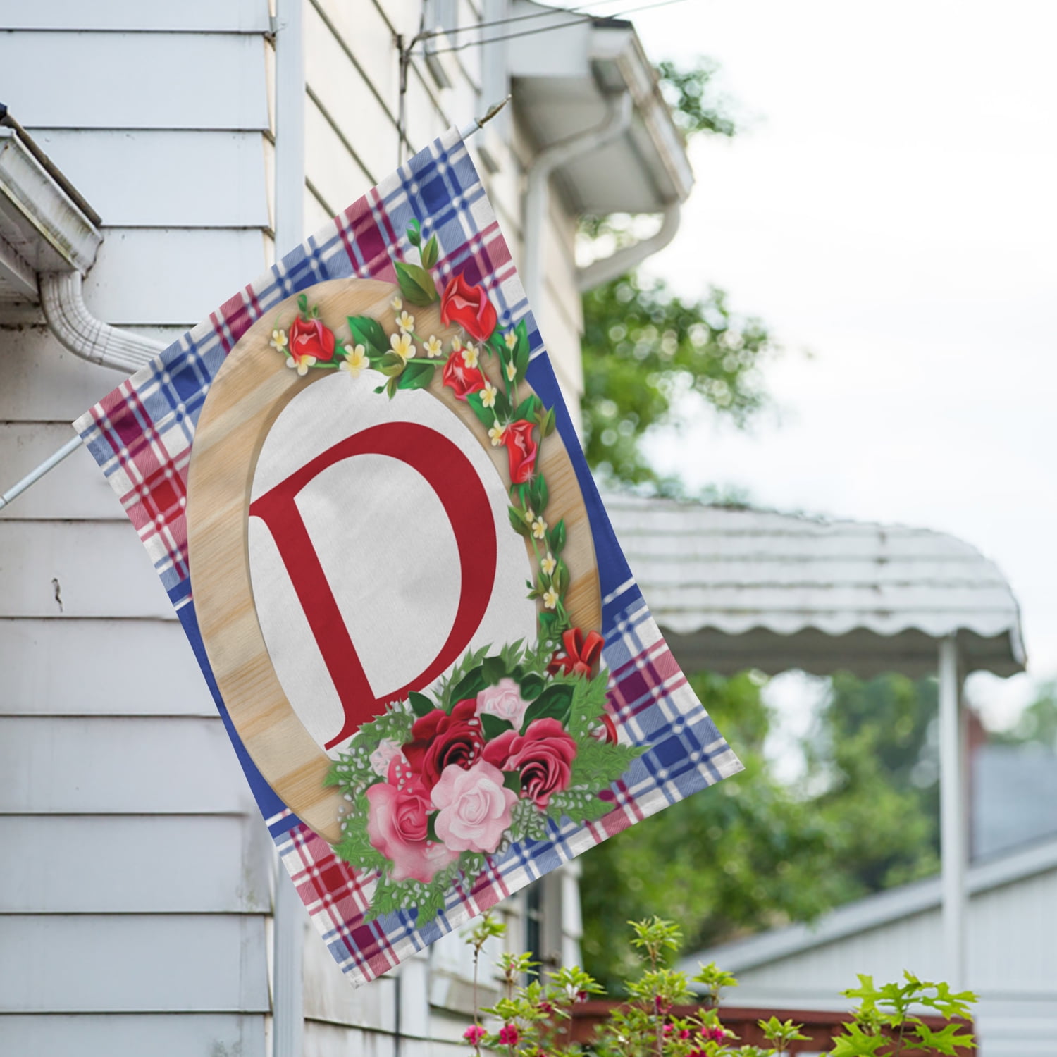 America Forever Monogram D House Flag, 28 x 40 inch Double Sided, Letter D with Roses, Floral Initial Flag, Plaid Background, Personalized Yard Decor