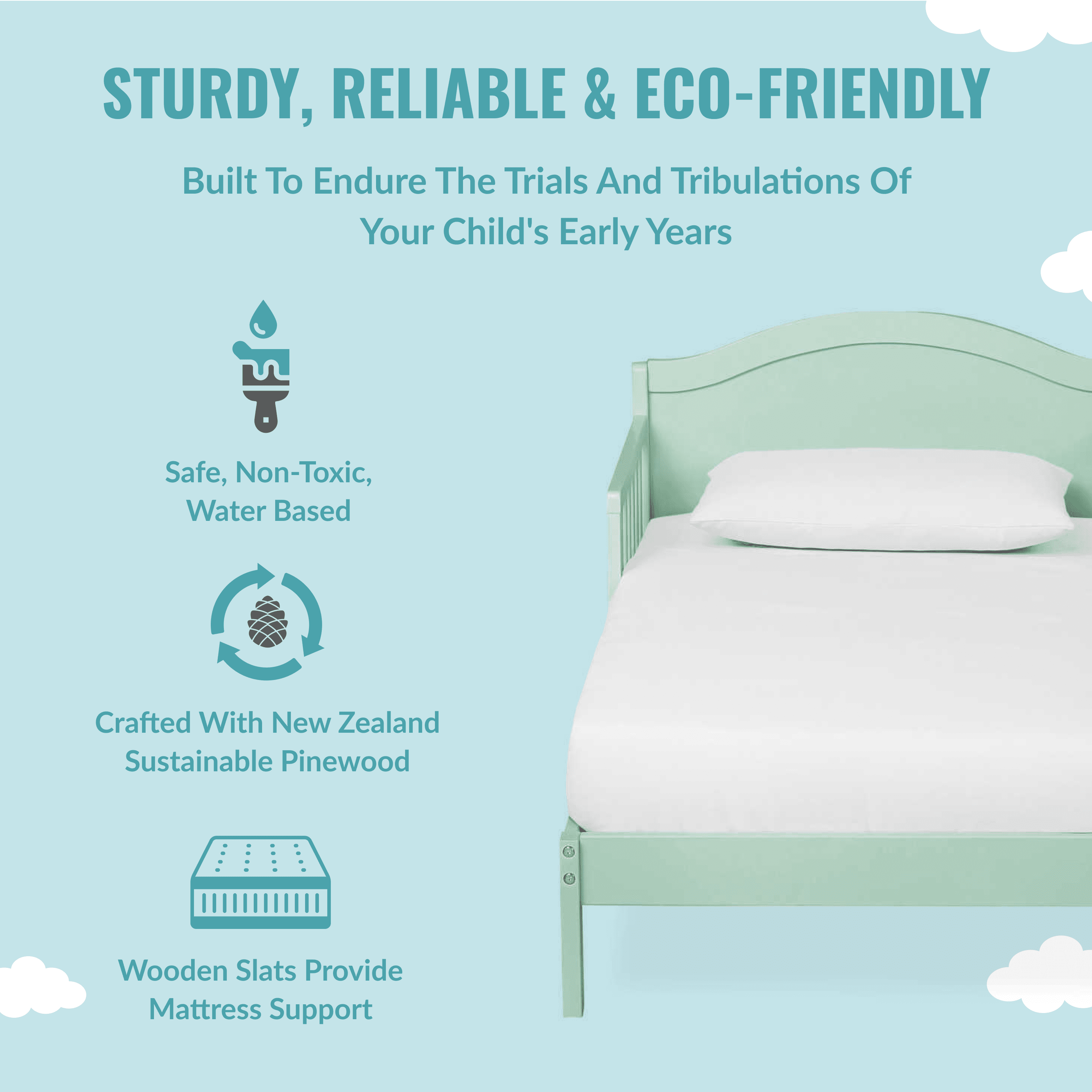 Dream On Me Sydney Kid's Twin Wooden Toddler Bed with Safety Rails, Mint Green