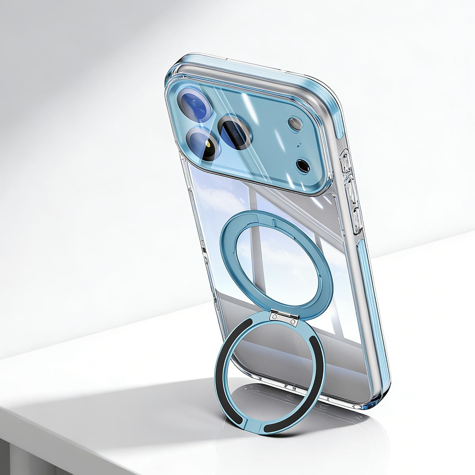 Compatible for iPhone 15 Pro Max Case with Ring Holder Kickstand & Full Camera Lens Protector, Thin Fit Shockproof Non-Yellowing Transparent Clear Phone Cover for iPhone 15 Pro Max, Blue