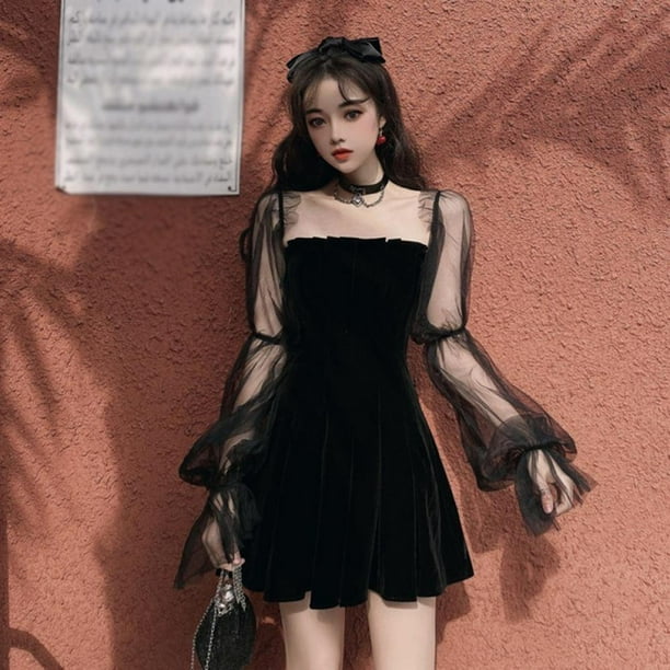 Summer Volie Mesh Dress Women See Through Black Mesh Puff Sleeve Sundress Long Sleeve Sexy Dress Outwear