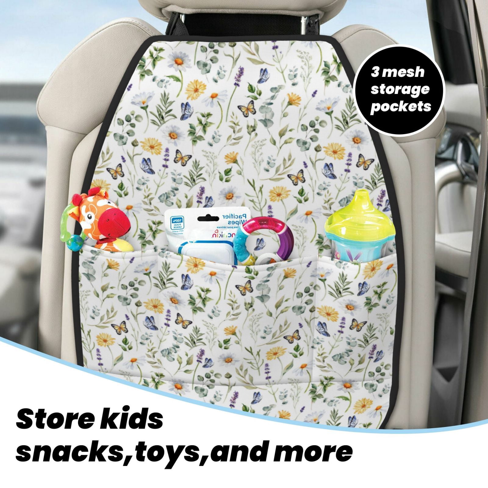 Xecao Watercolor Wildflower 2 Pattern Car Seat Back Protector 2 Pack Large Capacity Pocket, Kick Mats Back Seat Protector