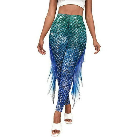 TiaoBug Women's Fish Scale Print High Waist Yoga Leggings Mermaid Costume Pencil Trouser Tights Green&Blue S