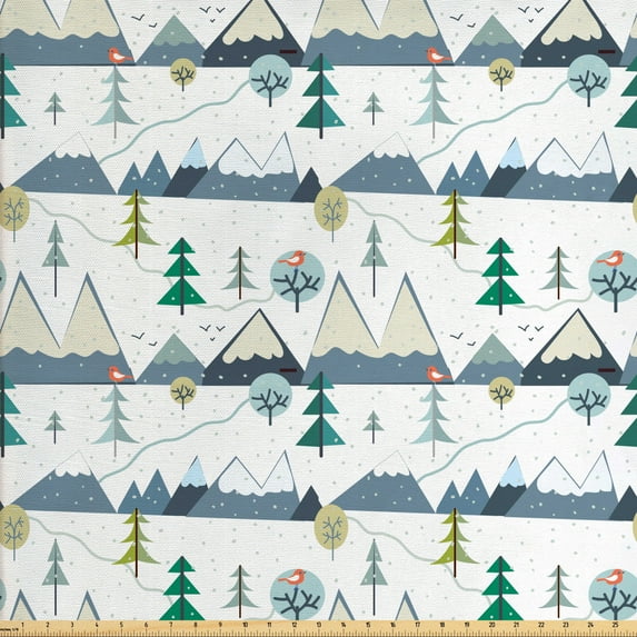 Winter Fabric by the Yard, Cartoonish Snowy Landscape of Abstract Trees and Mountains with Birds Image, Decorative Upholstery Fabric for Sofas and Home Accents, Multicolor by Ambesonne