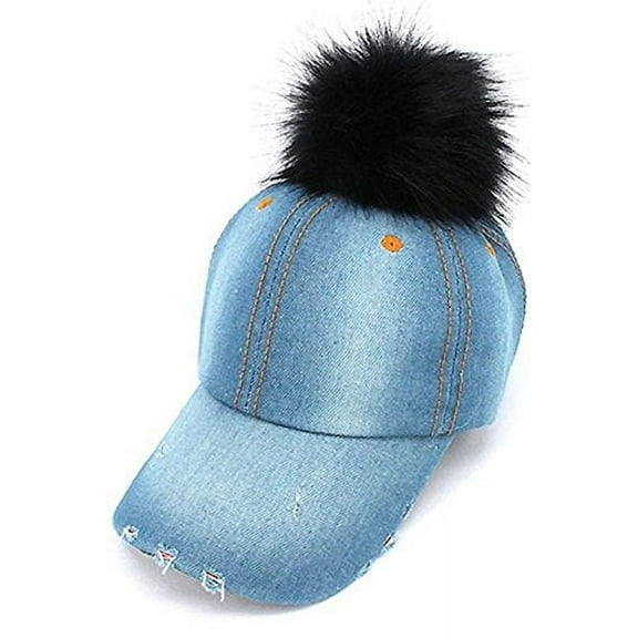 2Chique Boutique Women's Light Blue Denim Pom Pom Hat (Black)