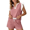 thumbnail image 6 of Dazajoo Plus Size Lounge Sets for Women Casual Ruffle Cap Sleeve Shirts Matching Drawstring Shorts Sweatsuits Summer Beach Vacation Set,Pink,XXXL, 6 of 9