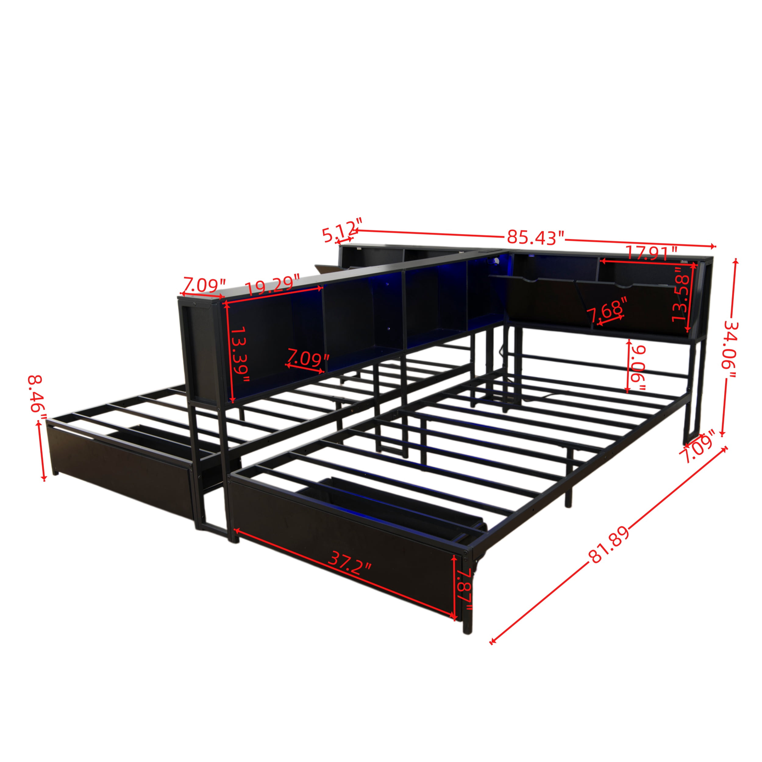 2 x Twin Size Metal Platform Bed Frame with Storage Headboard, Detachable Daybed with LED Lights, Drawers and Side Shelves