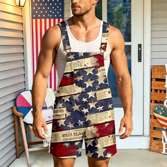 Men's Casual Jumpsuit USA Flag Denim Overalls One Piece Outfit 250th Independence Day Workwear Pants