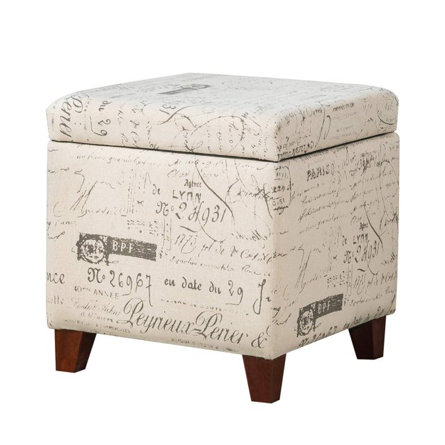 Adeco Fabric Script Pattern Cube Storage Footstool, Hinged Lid, Solid Wood Legs, 18" Height Ottomans & Storage Ottomans, Cream White