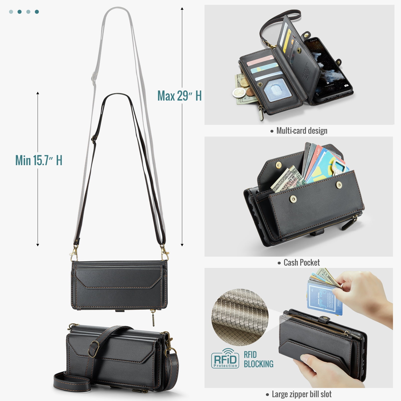 Asuwish Compatible with Samsung Galaxy A16 5G/4G Zipper Wallet Phone Case Tempered Glass Screen Protector Crossbody Lanyard Strap Flip Card Holder Slot Cell Cover for A 16 16A SM-A166U Women Black