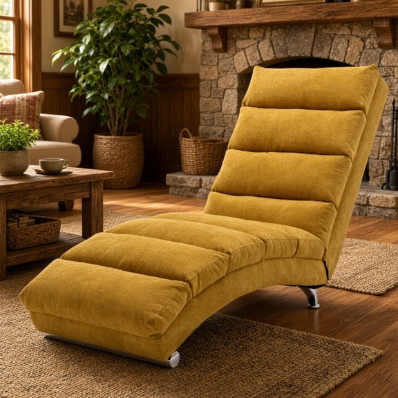 Luxury Upholstered Chaise Lounge Chair with Vibration, Fixed Back Fabric Recliner with Side Pocket & Remote, for Living Room Bedroom, Mustard Linen