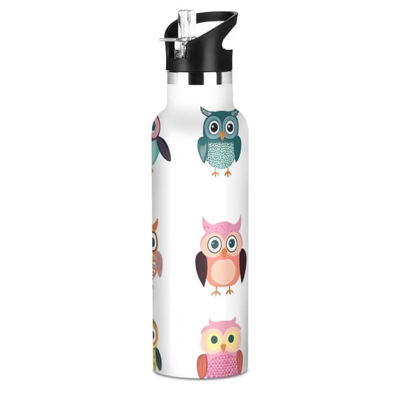 Kids Insulated Stainless Steel Sports Water Bottle 600ml (20oz), BPA-Free Colorful Cute Owls