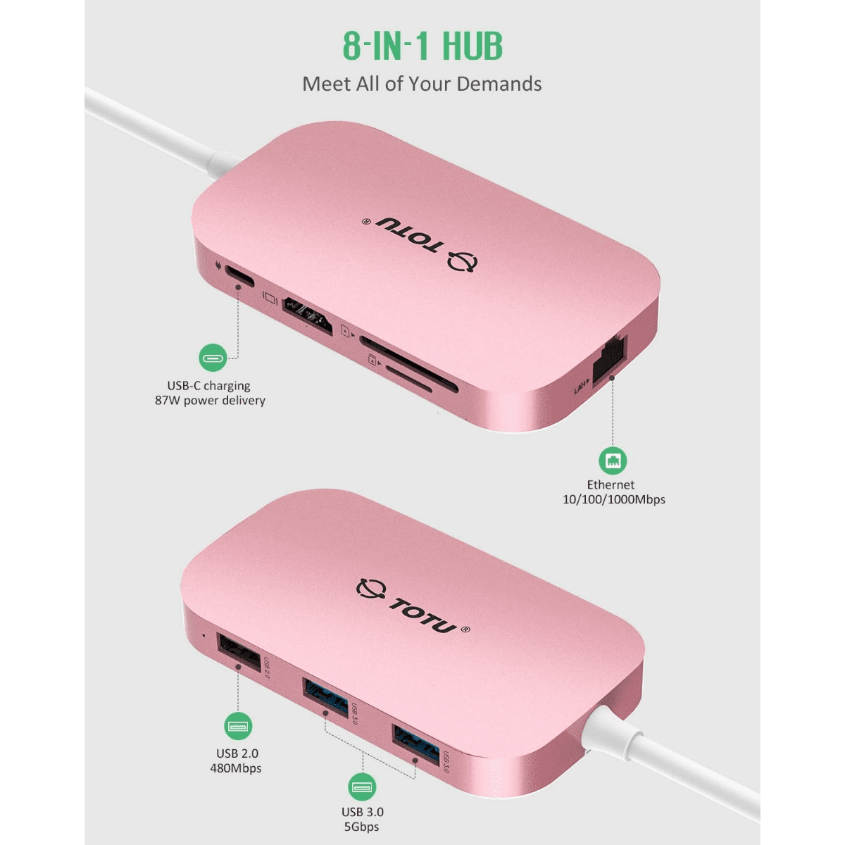 USB C Hub, 9-in-1 Type C Hub with Ethernet Port, 4K USB C to HDMI, 2 USB 3.0 Ports,1 USB 2.0 Port, SD/TF Card Reader, USB-C Power Delivery, Portable for Mac Pro and Other Type C laptops (Pink)