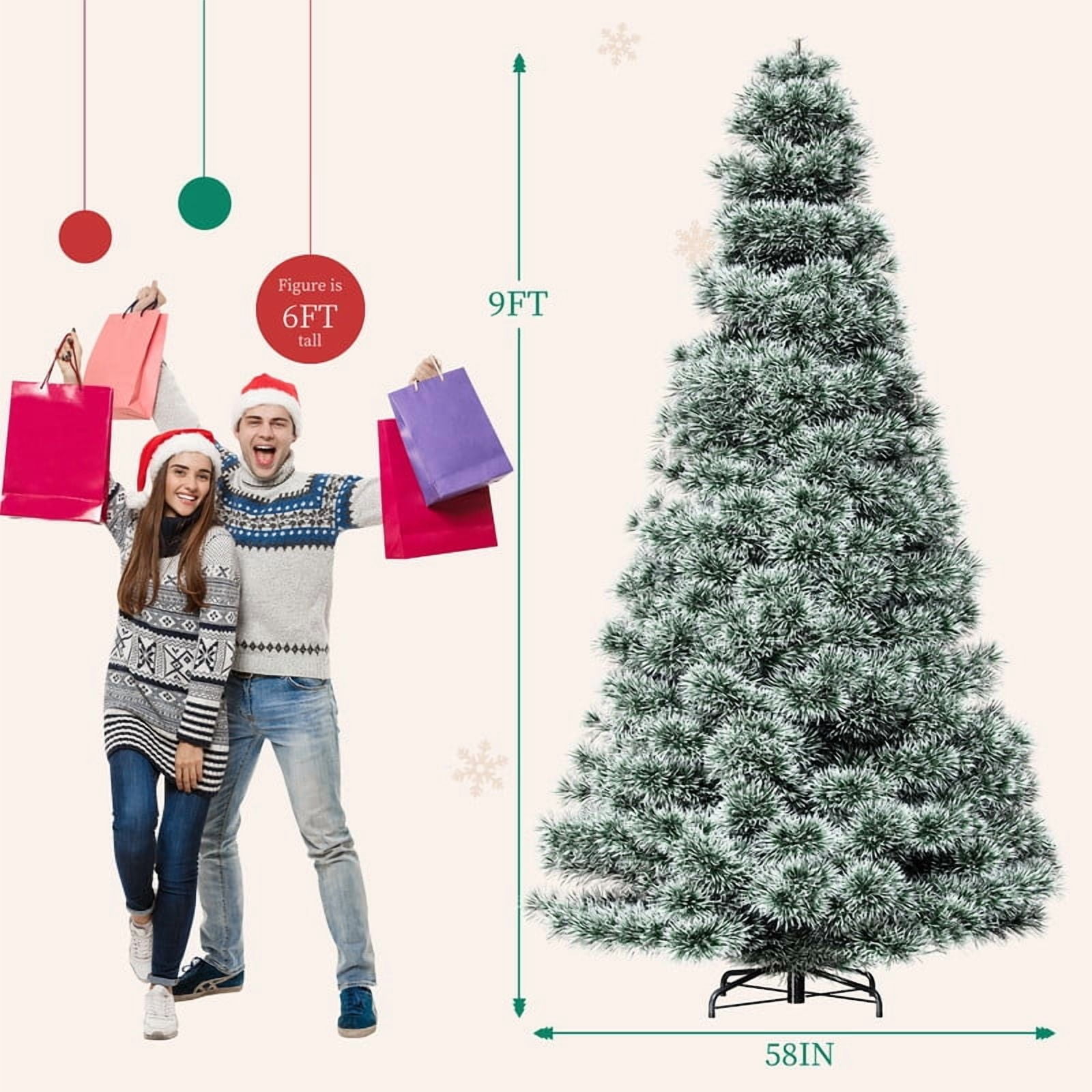 Gianna 9ft Pre-lit Snow Flocked Artificial Christmas Tree, Prelighted Artificial Hinged Spruce Xmas Tree with 2000 Branch Tips, 600 Incandescent Lights & Foldable Base for Home, Office, Party