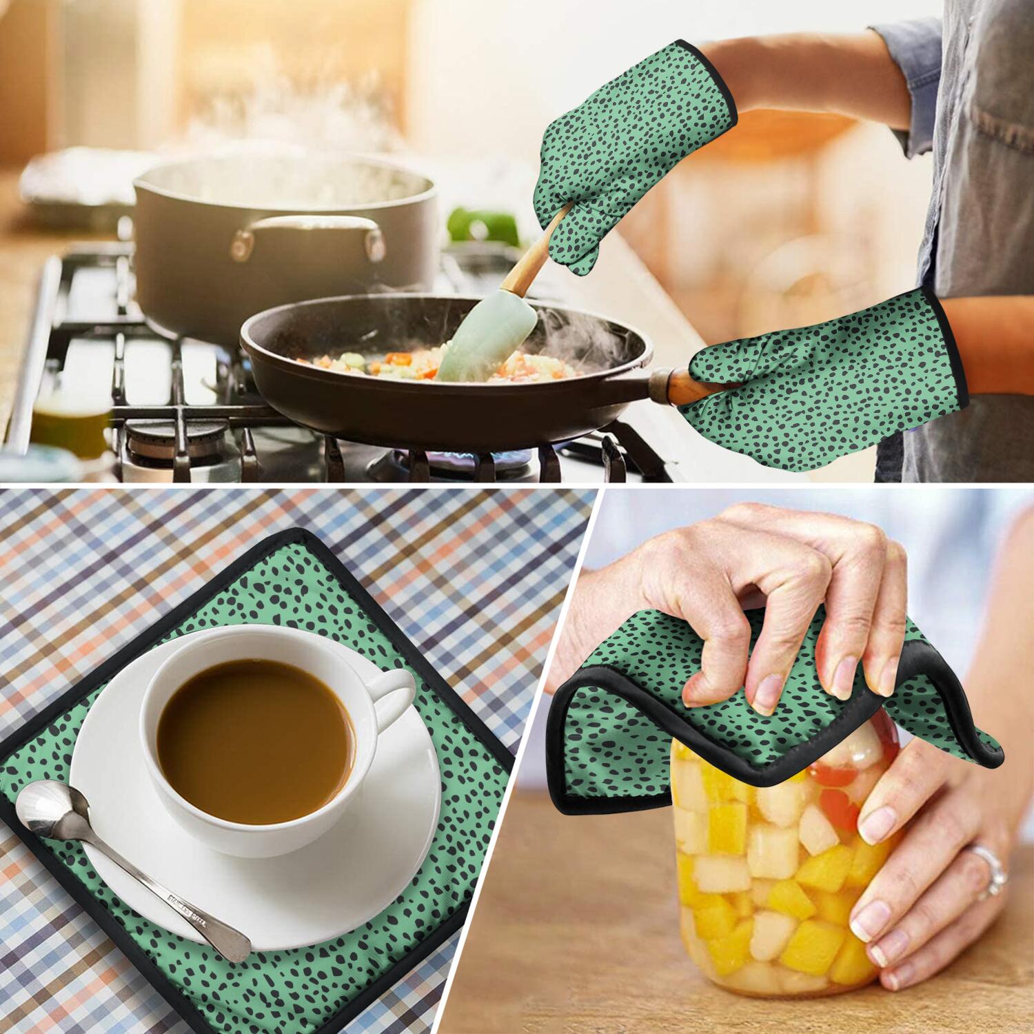 Leopard Print Oven Mitts and Pot Holders Set Of 4, Heat Resistant Kitchen Gloves with Non-Slip Grip, Hanging Loop, Soft Cotton Lining for Baking, Cooking, Grilling, Barbecue