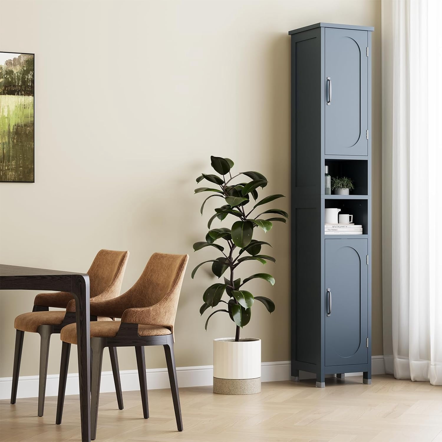 67" Tall Bathroom Storage Cabinet with Lights, Slim Narrow Bathroom Cabinet Organizer with Doors and Adjustable Shelves, Tall Cabinet for Small Space, Living Room, Kitchen, Blue