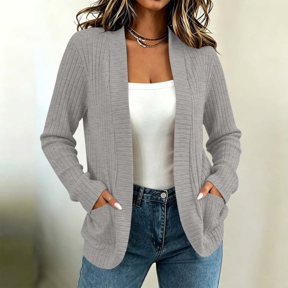 Maqroz Womens Fall Cardigans Long Sleeve Open Front Short Sweater Fine Ribbed Knit Casual Office Work Outerwear Featuring Pockets