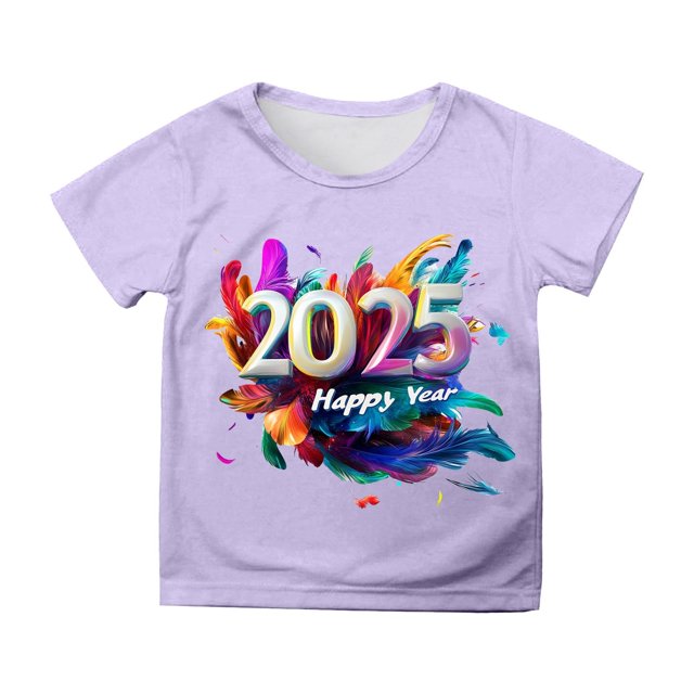 Toimothcn T-Shirts Fille Décontractés 2025 Bonne Année Lettre Imprimée Manches Courtes Col Rond T-Shirt Doux Confortable Filles Usage Quotidien 6-7 Ans