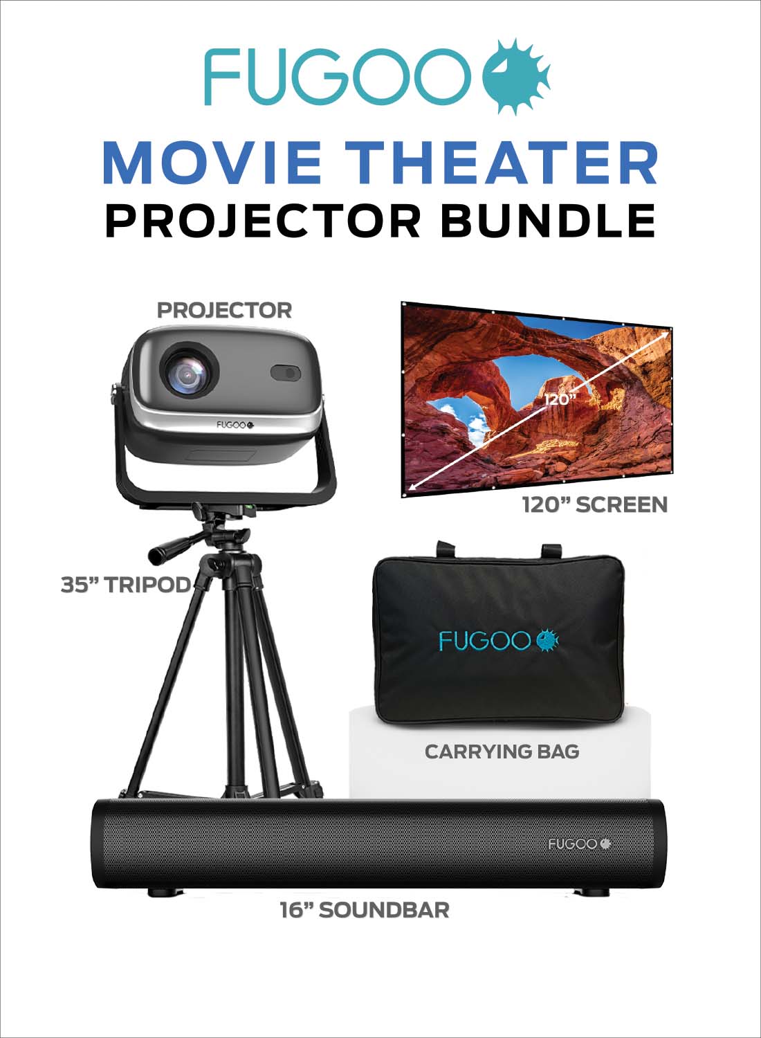 FUGOO OUTDOOR PROJECTOR & SOUNDBAR BUNDLE WITH TRIPOD & 120″ FOLDABLE SCREEN