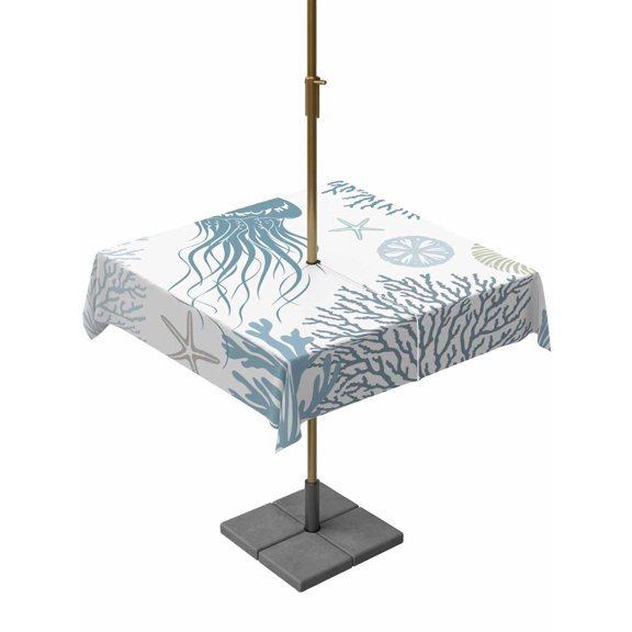 Outdoor Table Cloth with Umbrella Hole and Zipper, Blue Jellyfish Coastal Waterproof Square Tablecloth 54"x54", Summer Beach Nautical Coral Washable Table Cover for Outside Party Patio Picnic