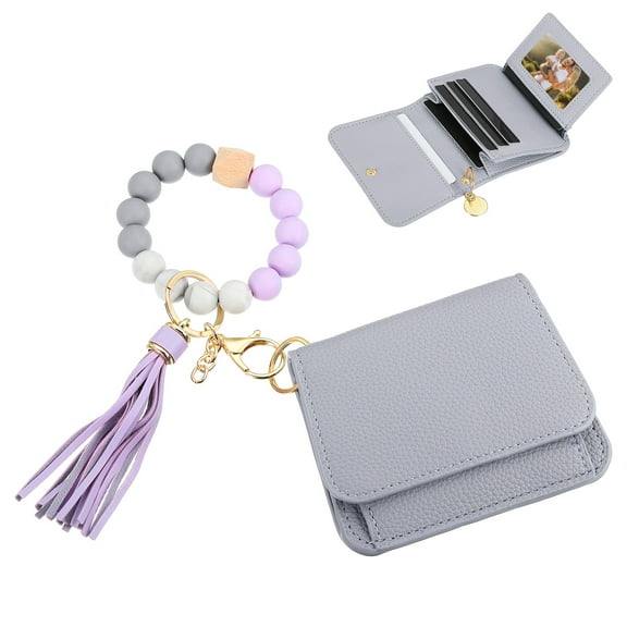 4.7 x 3.5 x 1.4" Silicone Bracelet Keychain Wristlet Wallets , 1 Set Small Front Pocket Credit Card Case Key Chain Zipper Coin Wallets with ID Window for Women, Light Purple