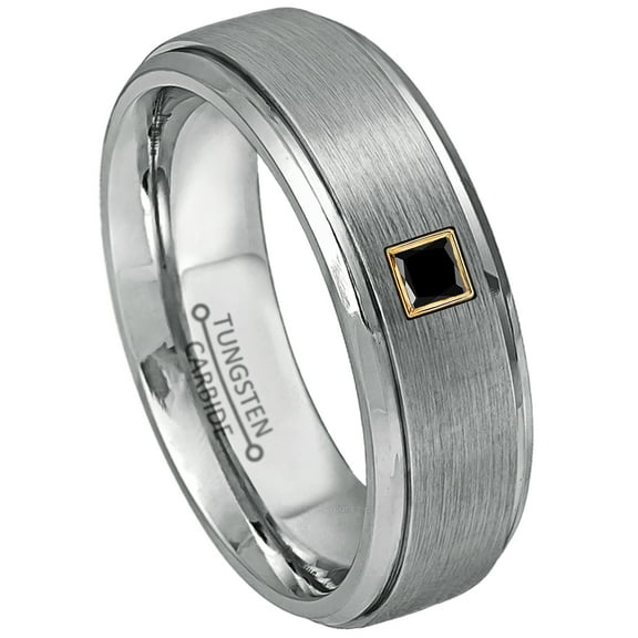 0.05ctw Princess Cut Black Diamond Tungsten Ring - 7MM Brushed Finish Stepped Edge Tungsten Carbide Wedding Band - April Birthstone Ring - 14kt Yellow Gold Bezel - TN068PSG-1BDs5