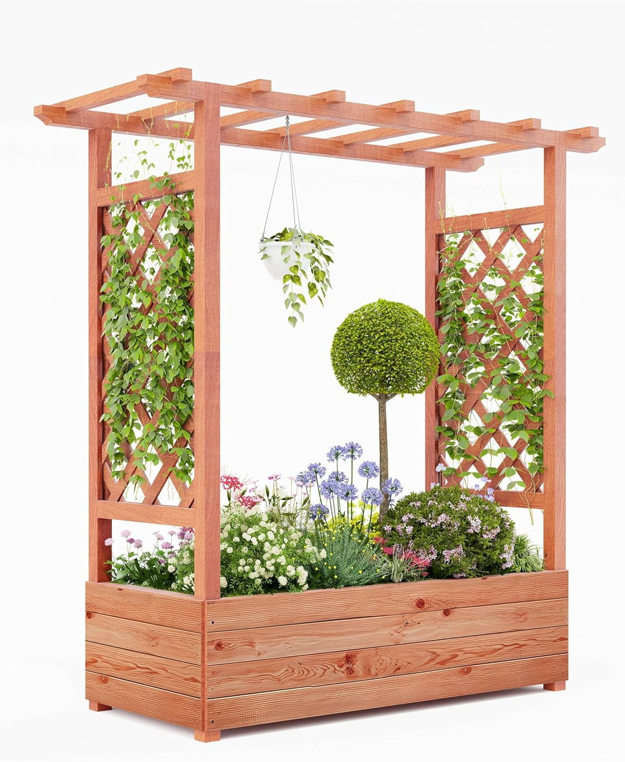 Riedhoff Wooden Raised Garden Bed with Trellis, Hanging Roof & Side Trellis, 43 x 17 x 45"