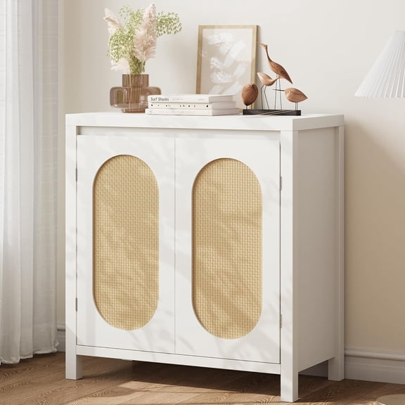Mid Century Sideboard Buffet - 30 in Retro Storage Cabinet with Rattan Doors & Adjustable Shelves, Boho Chic Accent Console for Living Room, Dining Room (White)