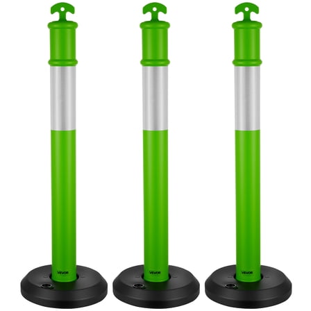 VEVOR 3 Pack Traffic Delineator Posts, 48 inches Traffic Safety Cones with Fillable Base and Reflective Strips, Heavy Duty Delineator Posts for Construction Site, Parking Lot, Crowd Control, Green